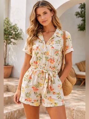 Velvet Heart Vintage Lemon Citrus Floral Romper Linen Blend Cottagecore Summer S